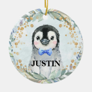Adorno De Cerámica Cute Nombre Personalizado Acuarela Pingüino Verdo