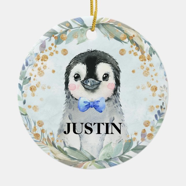 Adorno De Cerámica Cute Nombre Personalizado Acuarela Pingüino Verdor (Frente)