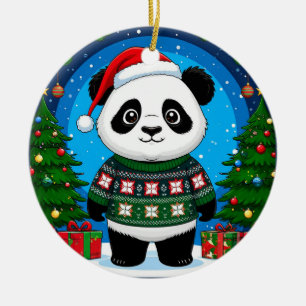 Adorno De Cerámica Cute Panda con Jersey de Navidad Lleva Sombrero de