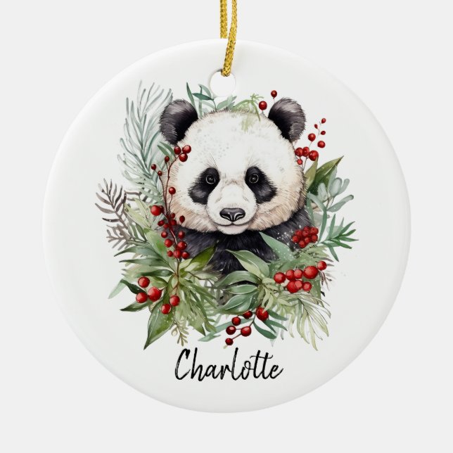 Adorno De Cerámica Cute Panda Merry Christmas Botanicals (Frente)
