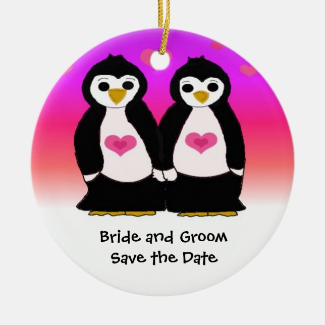 Adorno De Cerámica Cute pareja pingüino salva la fecha (Frente)