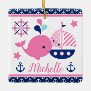 Adorno De Cerámica Cute Patrón de ballena rosa y anclas náuticas