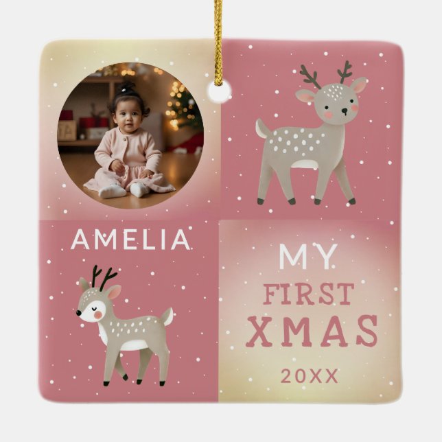 Adorno De Cerámica Cute Personalized Baby Photo Reindeer Christmas (Reverso)