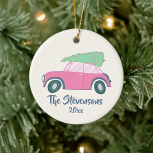 Adorno De Cerámica Cute Pink Acuarela Coche Navidad Árbol Personaliza