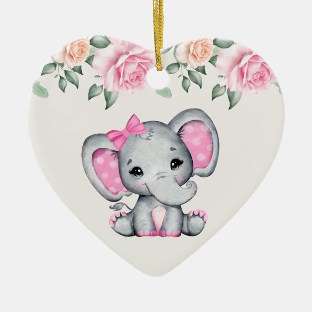 Adorno De Cerámica Cute Pink Baby Elephant and Roses Border (Frente)