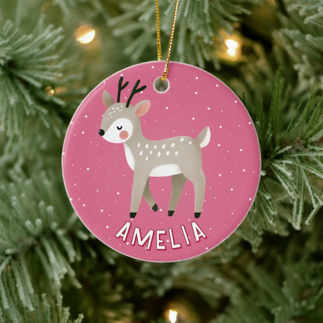 Adorno De Cerámica Cute Pink Reindeer Kid`s Name Christmas (Árbol)