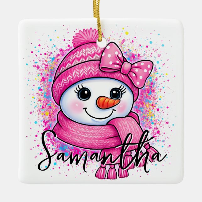 Adorno De Cerámica Cute Pink Snowgirl Photo (Anverso)