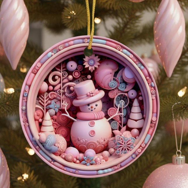 Adorno De Cerámica Cute Pink Snowman Christmas (fun cute pink 3D effect snowman personalized Christmas ornament with custom family name and year)