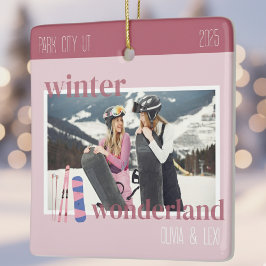 Adorno De Cerámica Cute Pink Winter Ski Theme Keepsake Photo 