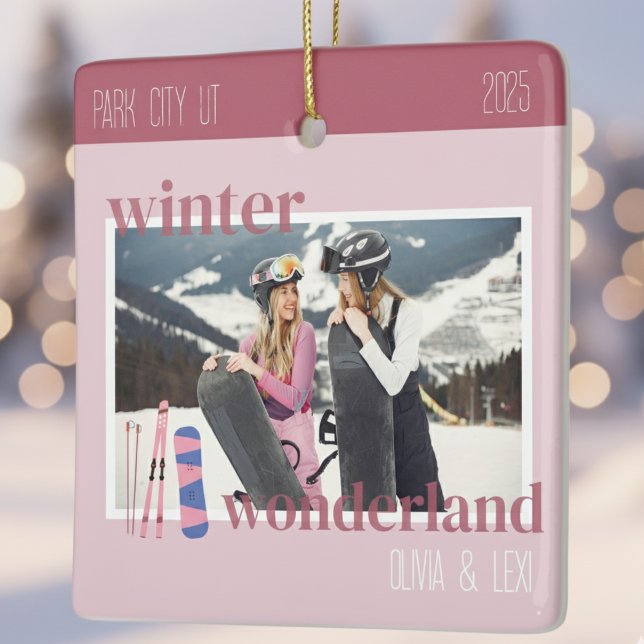 Adorno De Cerámica Cute Pink Winter Ski Theme Keepsake Photo  (Create a keepsake of your winter ski trip with this Cute Pink Winter Ski Keepsake Photo Ornament!)