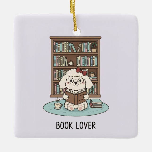 Adorno De Cerámica Cute Poodle Puppy Dog Book Lover Pastel Christmas (Anverso)