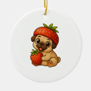 Adorno De Cerámica Cute pug con fresas afrutado divertido cartoon