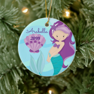 Adorno De Cerámica Cute Purple Hair Mermaid Girls Christmas