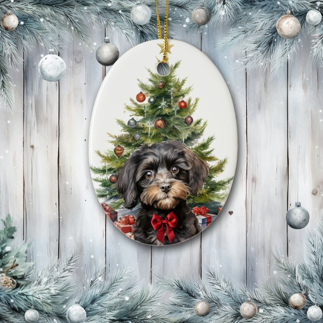 Adorno De Cerámica Cute Red Bow Black Tan Cavapoo Dog Christmas (Subido por el creador)