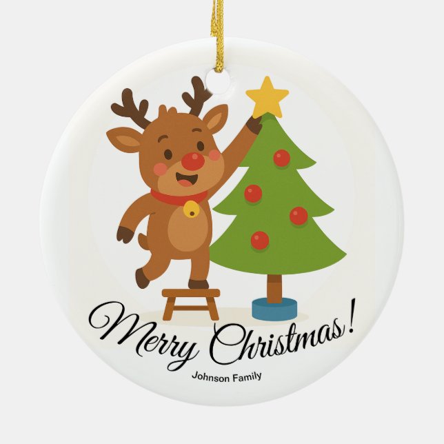 Adorno De Cerámica Cute Reindeer Decorating Tree Personalized Name (Atrás)
