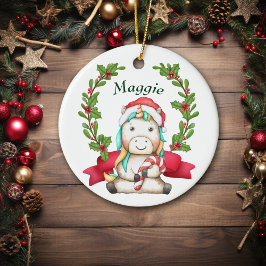 Adorno De Cerámica Cute Santa Unicorn Holly Wreath Kids