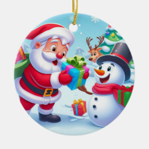 Adorno De Cerámica Cute Santa y Snowman