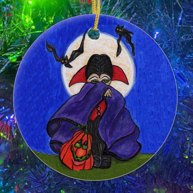 Adorno De Cerámica Cute Shy Little Vampiro Bats Moon (Cute Dracula ornament.  Custom text on back)