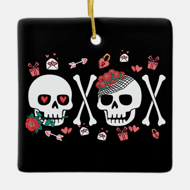 Adorno De Cerámica Cute Skully Valloween Valentine XOXO (Anverso)