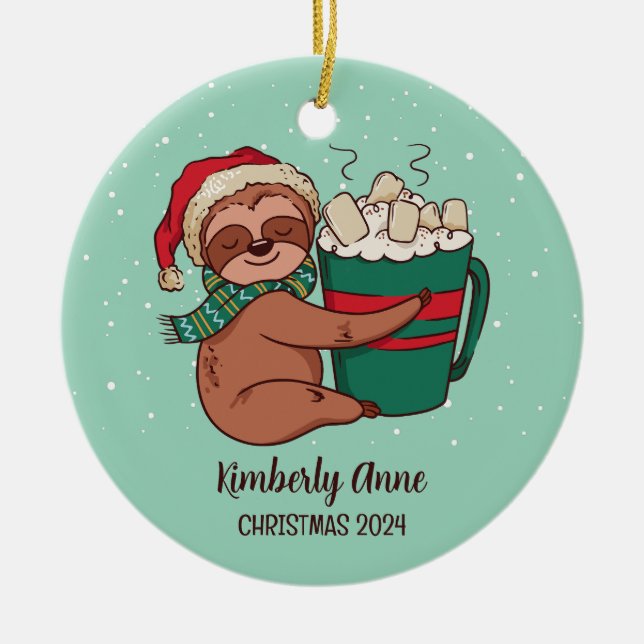 Adorno De Cerámica Cute Sloth Christmas Animal Snowy Winter Holiday (Frente)