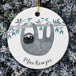 Adorno De Cerámica Cute Sloth Personalized<br><div class="desc">Cute and whimsical watercolor sloth design.  Change the name to customize. 
Original art by Nic Squirrell</div>