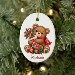 Adorno De Cerámica Cute Teddy Bear Stocking Abrazo Navidad