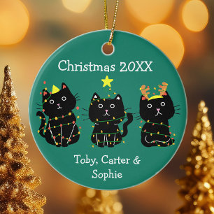 Adorno De Cerámica Cute Three Cat Christmas Lights Custom Names Green