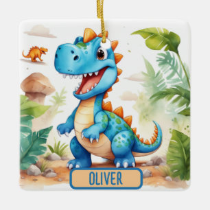 Adorno De Cerámica Cute Trex Dinosaur Azul Personalizado