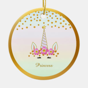 Adorno De Cerámica Cute Unicornio, Flores y Confeti Dorado