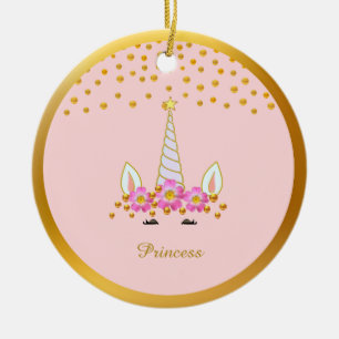 Adorno De Cerámica Cute Unicornio, Flores y Confeti Dorado