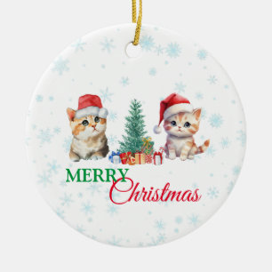 Adorno De Cerámica Cute Watercolor kitten gato Santa Navidades fiesta