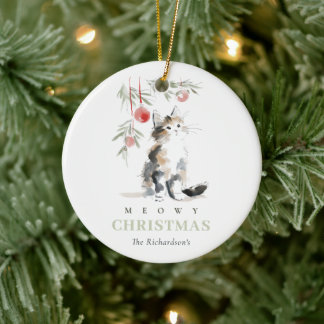 Adorno De Cerámica Cute Watercolor Meowy Christmas Tree Cat Photo