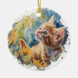 ADORNO DE CERÁMICA CUTE WATERCOLOR NARANJA TABBY KITTEN CON FLORES