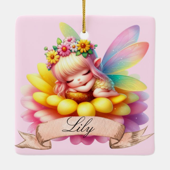 Adorno De Cerámica Cute Whimsical Floral Sweets Dreams Sleeping Fairy (Reverso)