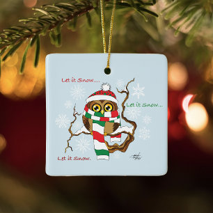 Adorno De Cerámica Cute Winter Owl Blue Snowflakes Holidays