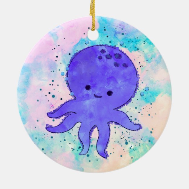 Adorno De Cerámica Cuto azul Octopus Personalizado acuarela (Atrás)