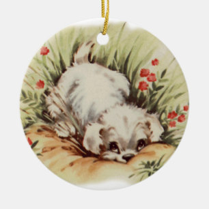 Adorno De Cerámica Cuto cachorro vintage en césped