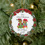 Adorno De Cerámica Cuto personalizado para nuestros primeros elfos de<br><div class="desc">Añade tus nombres y el año a este adorable adorno de Navidad personalizado,  "Nuestra Primera Navidad" con una linda pareja de elfos. Dos elfos étnicos pequeños.</div>