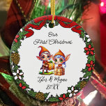 Adorno De Cerámica Cuto personalizado para nuestros primeros elfos de<br><div class="desc">Añade tus nombres y el año a este adorable adorno de Navidad personalizado,  "Nuestra Primera Navidad" con una linda pareja de elfos.</div>
