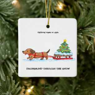 Adorno De Cerámica Dachshund A Través De La Navidad De Navidad