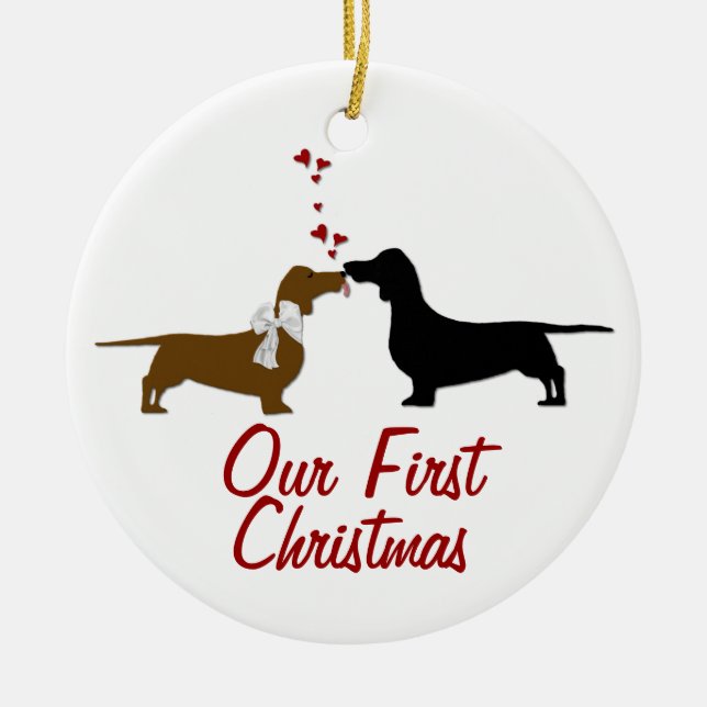 Adorno De Cerámica Dachshund ama al primer Personalizado de Navidad (Frente)