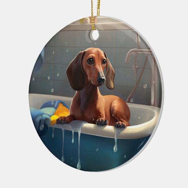 Adorno De Cerámica Dachshund Bathtime Fun (Izquierda)