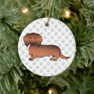 Adorno De Cerámica Dachshund Cartoon Perro Sable Rojo Pelo Largo & Te