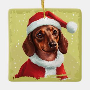 Adorno De Cerámica Dachshund Con El Equipo De Santa Claus - Navidades