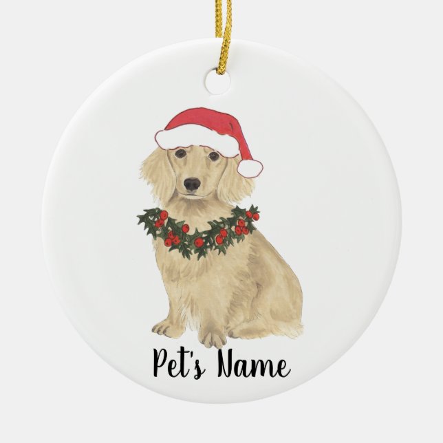 Adorno De Cerámica Dachshund Cream Inglés Santa Navidad (Frente)