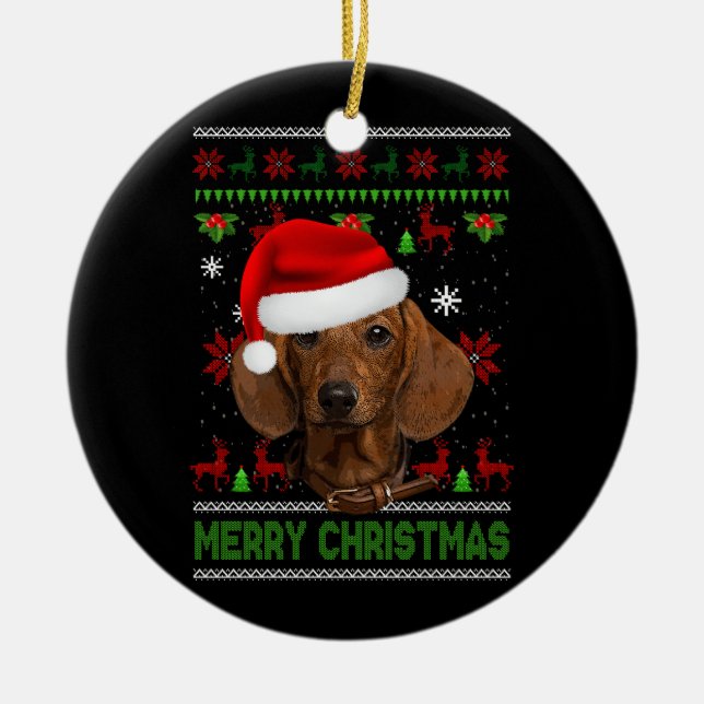 Adorno De Cerámica Dachshund de Dog Xmas con Santa Hat Fea Navidad (Frente)