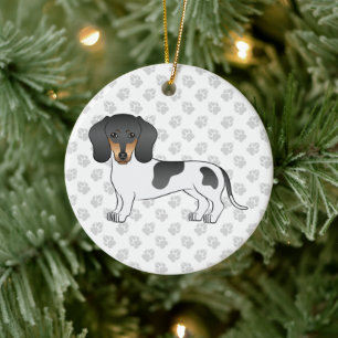 Adorno De Cerámica Dachshund de pelo corto piebald negro y bronceado