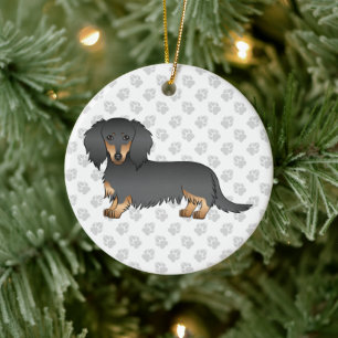 Adorno De Cerámica Dachshund de pelo largo negro y fuego con dibujo a