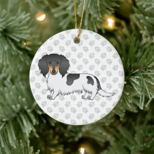 Adorno De Cerámica Dachshund de pelo largo piebald negro y fuego & Te