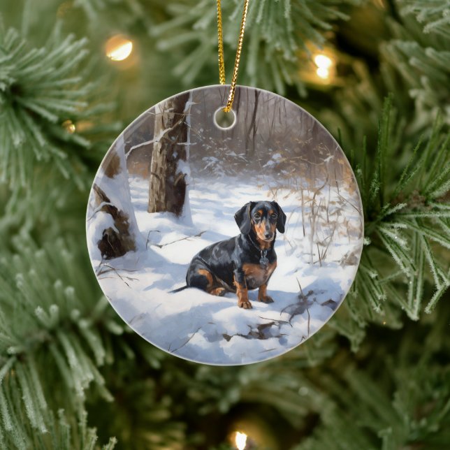 Adorno De Cerámica Dachshund deja que nieve Navidades (Árbol)